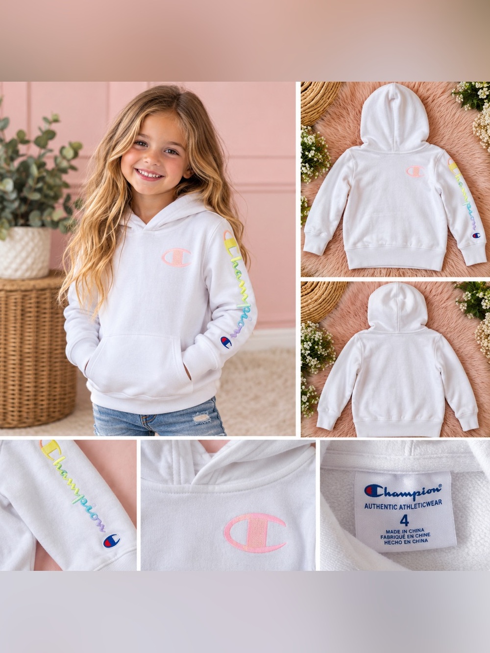 Champion White Girls' Hoodie with Pastel Rainbow Sleeve Script
